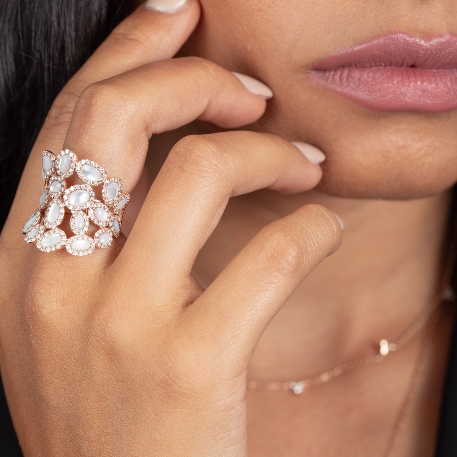 Oval Mother Of Pearl and Diamond Cluster Full Finger Ring Rings Estella Collection #product_description# 17200 14k Birthstone Diamond #tag4# #tag5# #tag6# #tag7# #tag8# #tag9# #tag10# 7