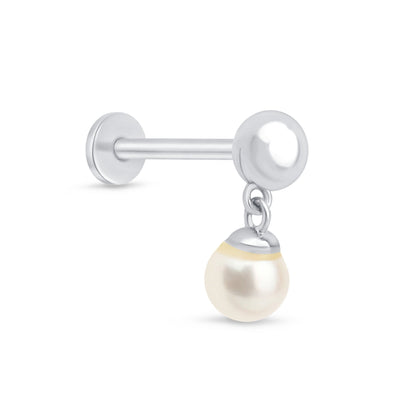 a pair of earrings with a pearl hanging from it