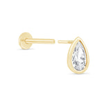 a pair of yellow gold earrings with a pear shaped diamond