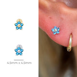 Blue Topaz Flower Flat Back Stud in Solid 14k White Gold