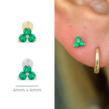 Emerald Trinity Cluster Flat Back Stud Earrings in Solid 14k White Gold
