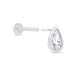 a pair of white gold earrings with a pear shaped diamond