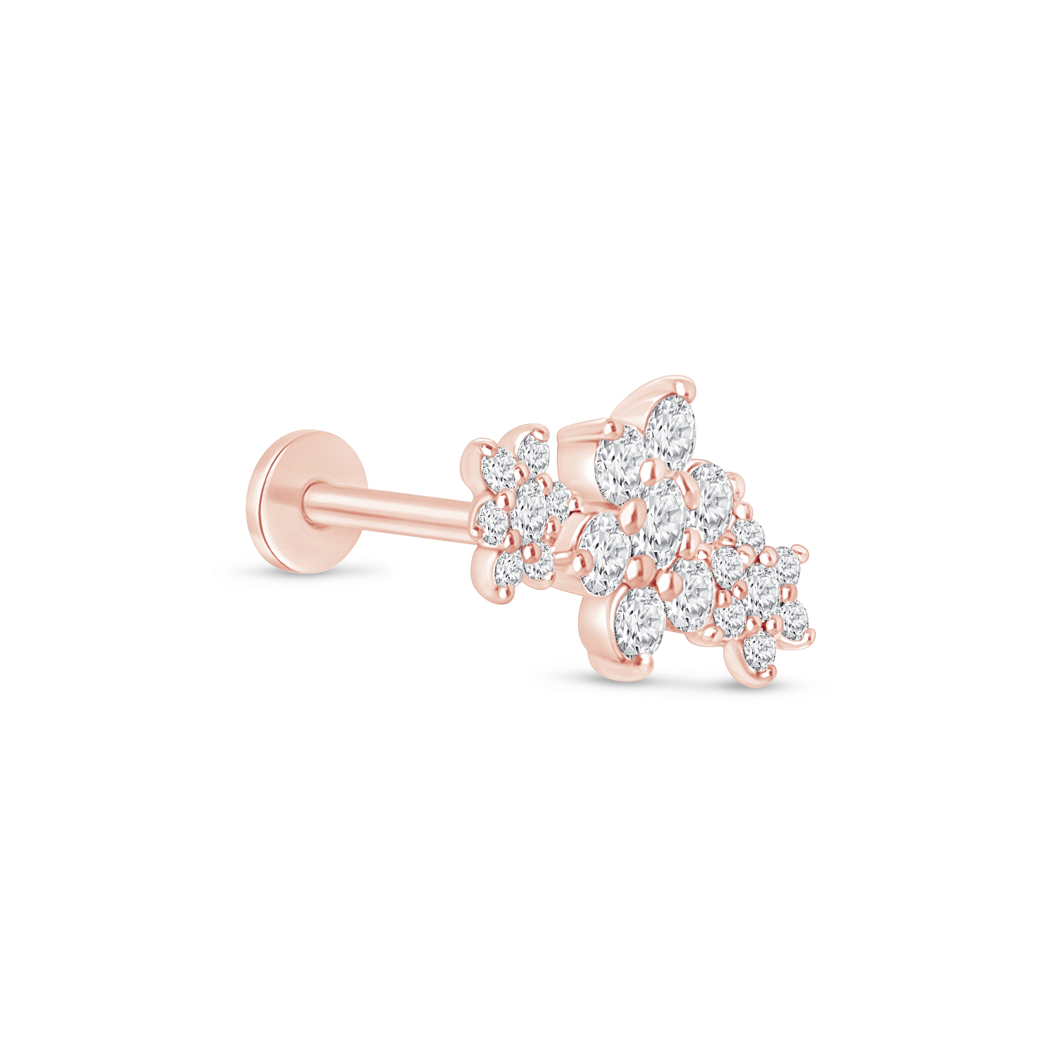 a pair of rose gold earrings with diamonds