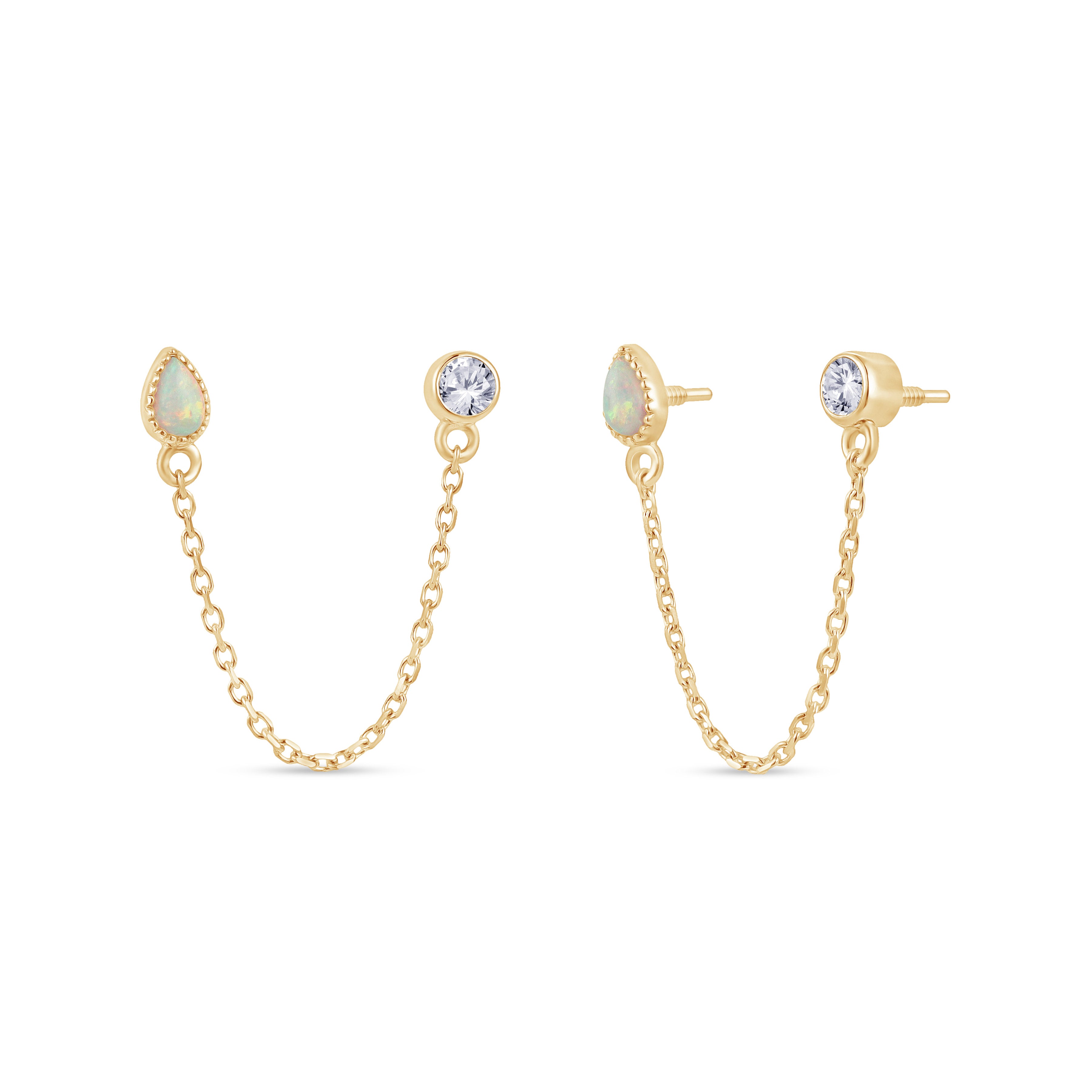 Solid 14k Gold Opal CZ Double Stud Chain Earring