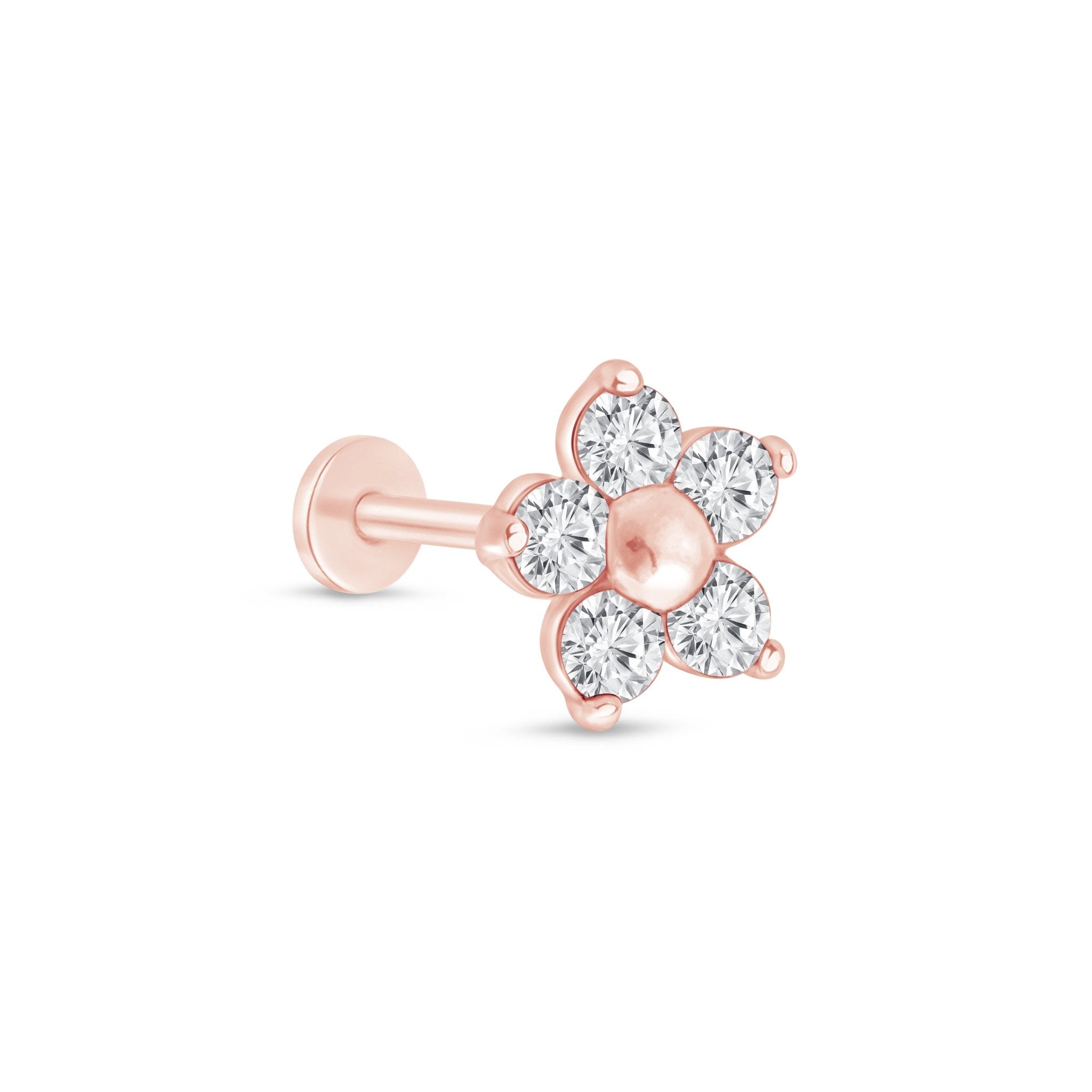 a pair of pink gold earrings with white diamonds