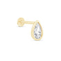 a pair of gold earrings with a pear shaped diamond