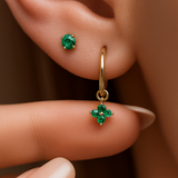 Hoop with Emerald Clover Charm in Solid 14k Yellow Gold