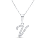 Cursive Diamond Initial Necklace in Solid 14k White Gold - V
