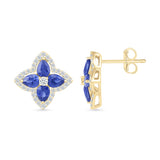 Blue Sapphire Clover Stud Earrings with White Sapphire Halo