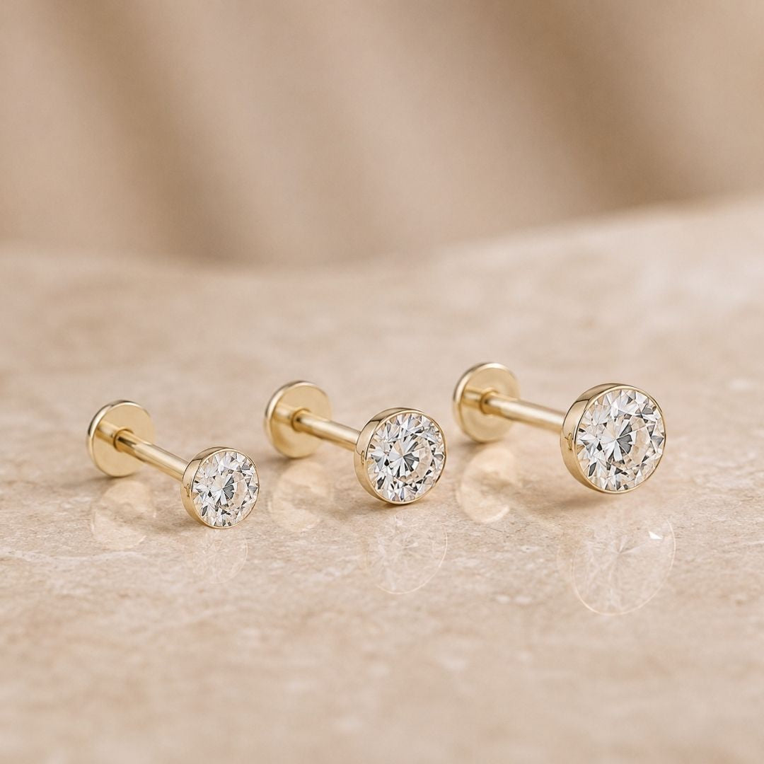 Yellow Gold Natural Diamond Bezel Flat Back Earring