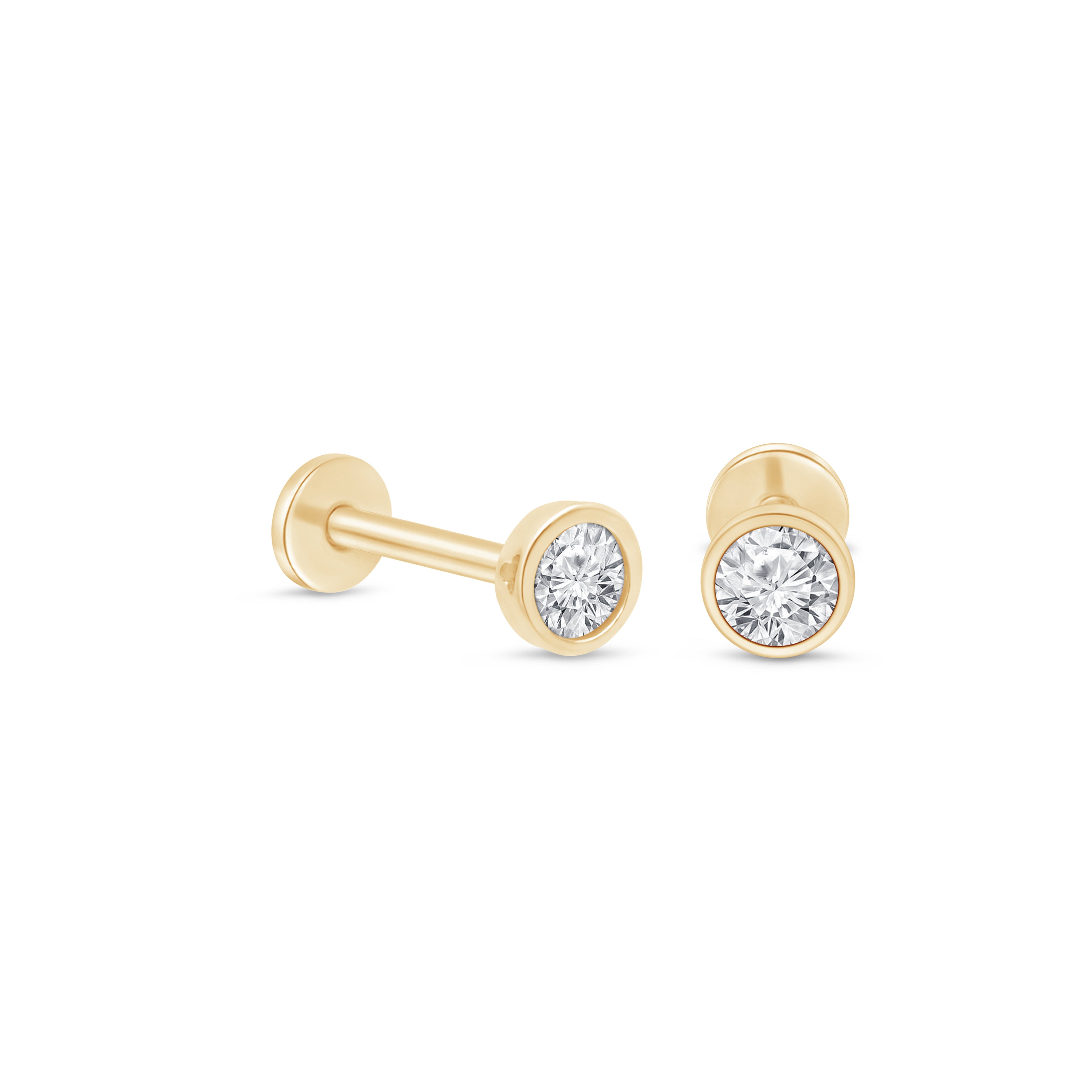 Natural Diamond Flat Back Stud Bezel Set in Solid 14k Yellow Gold