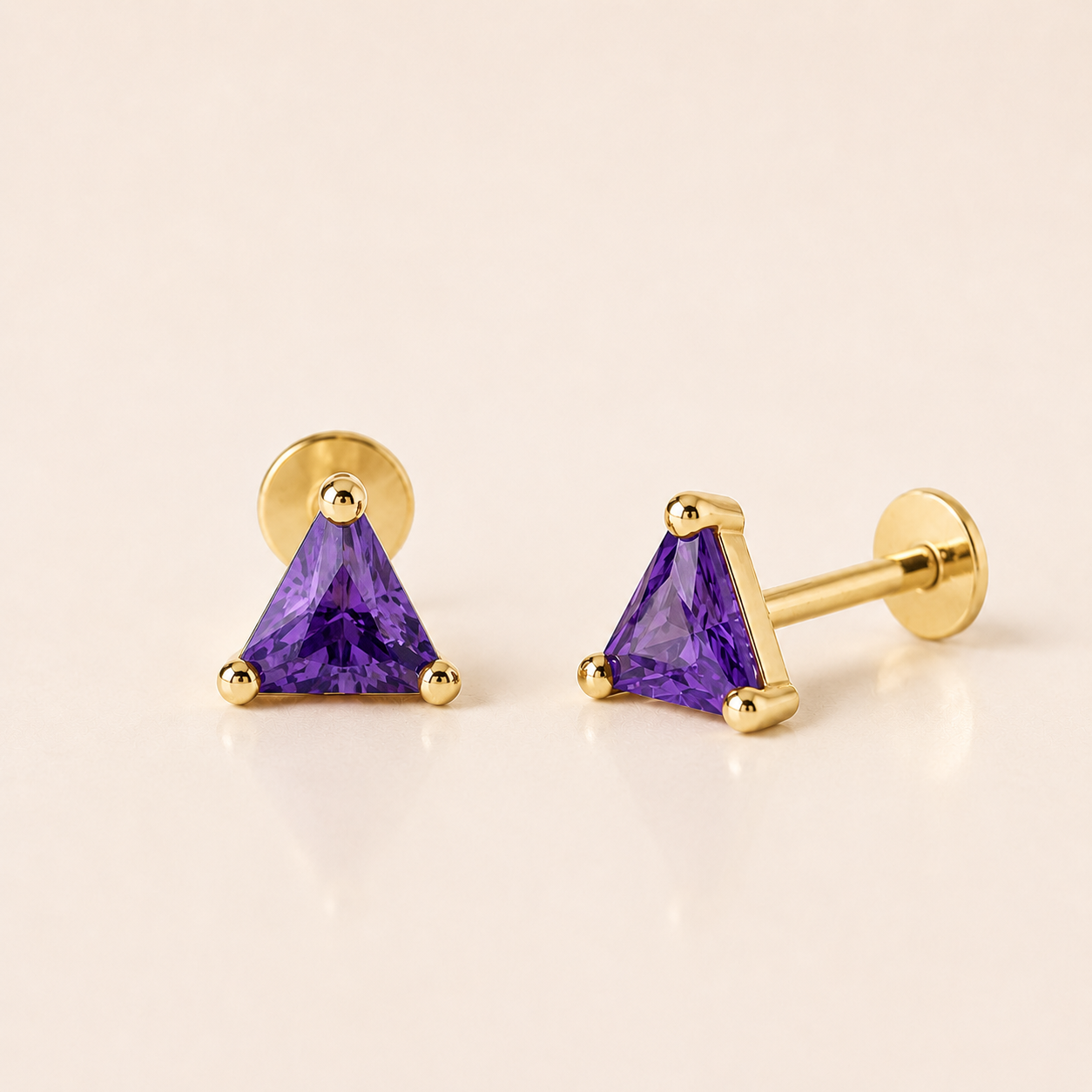 Yellow Gold Triangle Cut Amethyst Flat Back Earring