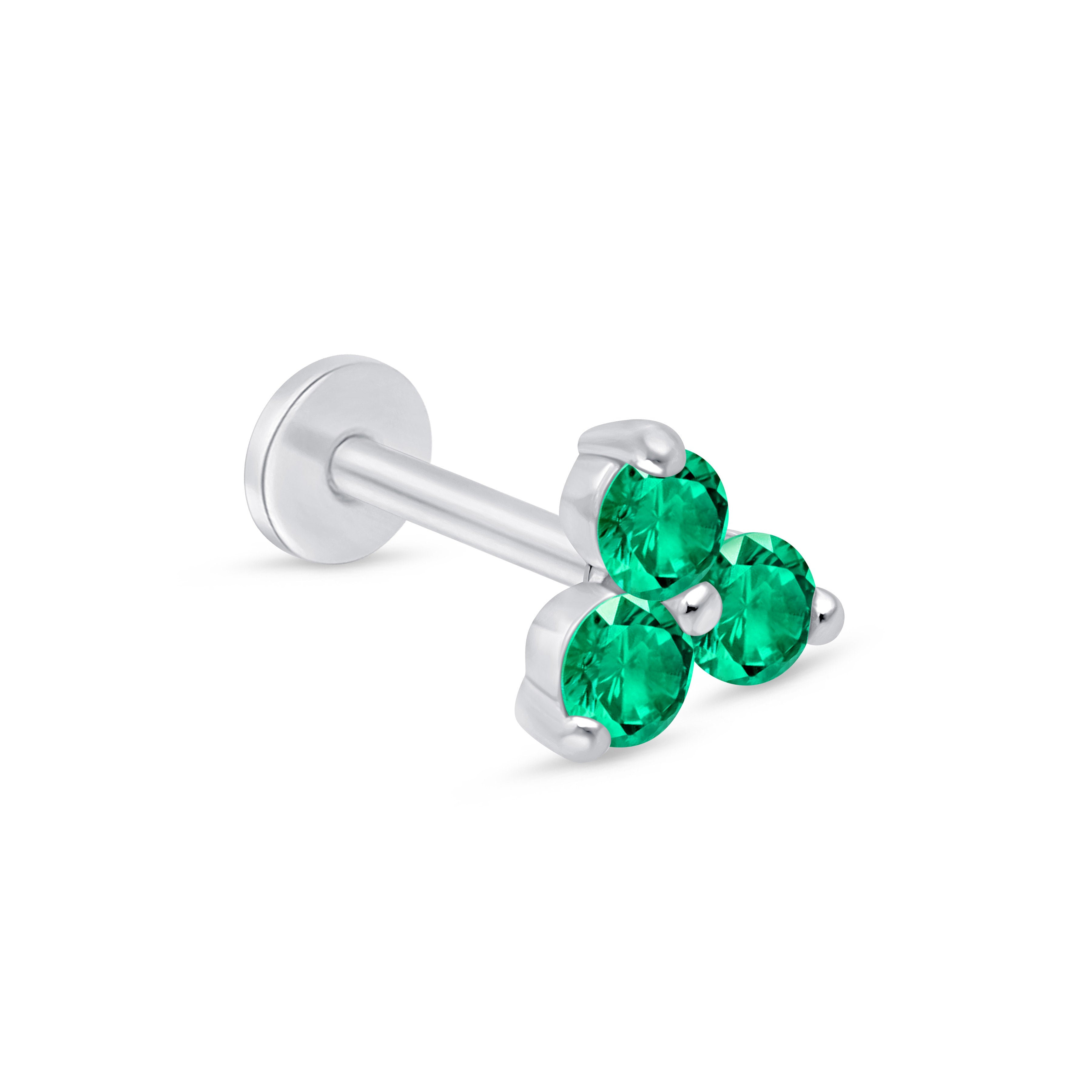 Emerald Trinity Cluster Flat Back Stud Earrings in Solid 14k White Gold