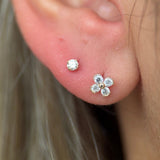 Beaded Four Petal Flower Diamond Flat Back Stud in Solid 14k White Gold