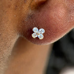 Beaded Diamond Four Petal Flower Flat Back Stud Earrings in Solid 14k Yellow Gold