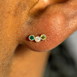 Triple Emerald Flat Back Stud Milgrain Set in Solid 14k Yellow Gold