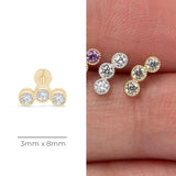 Triple Gemstone Milgrain Flat Back Stud in Solid 14k Yellow Gold
