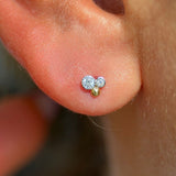 Triple Diamond Cluster Flat Back Stud Earrings in Solid 14k Yellow Gold