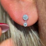 Double Diamond Drop Flat Back Stud Earrings in Solid 14k White Gold