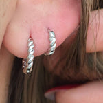Twisted Rope Huggie Hoop in Solid 14k White Gold