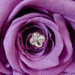 a close up of a purple rose with a diamond center