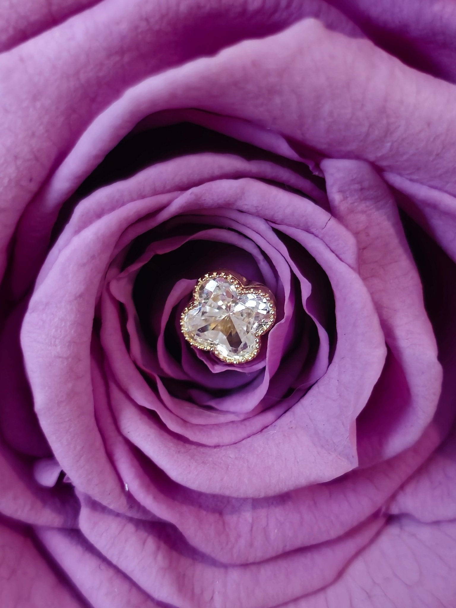 a close up of a purple rose with a diamond center