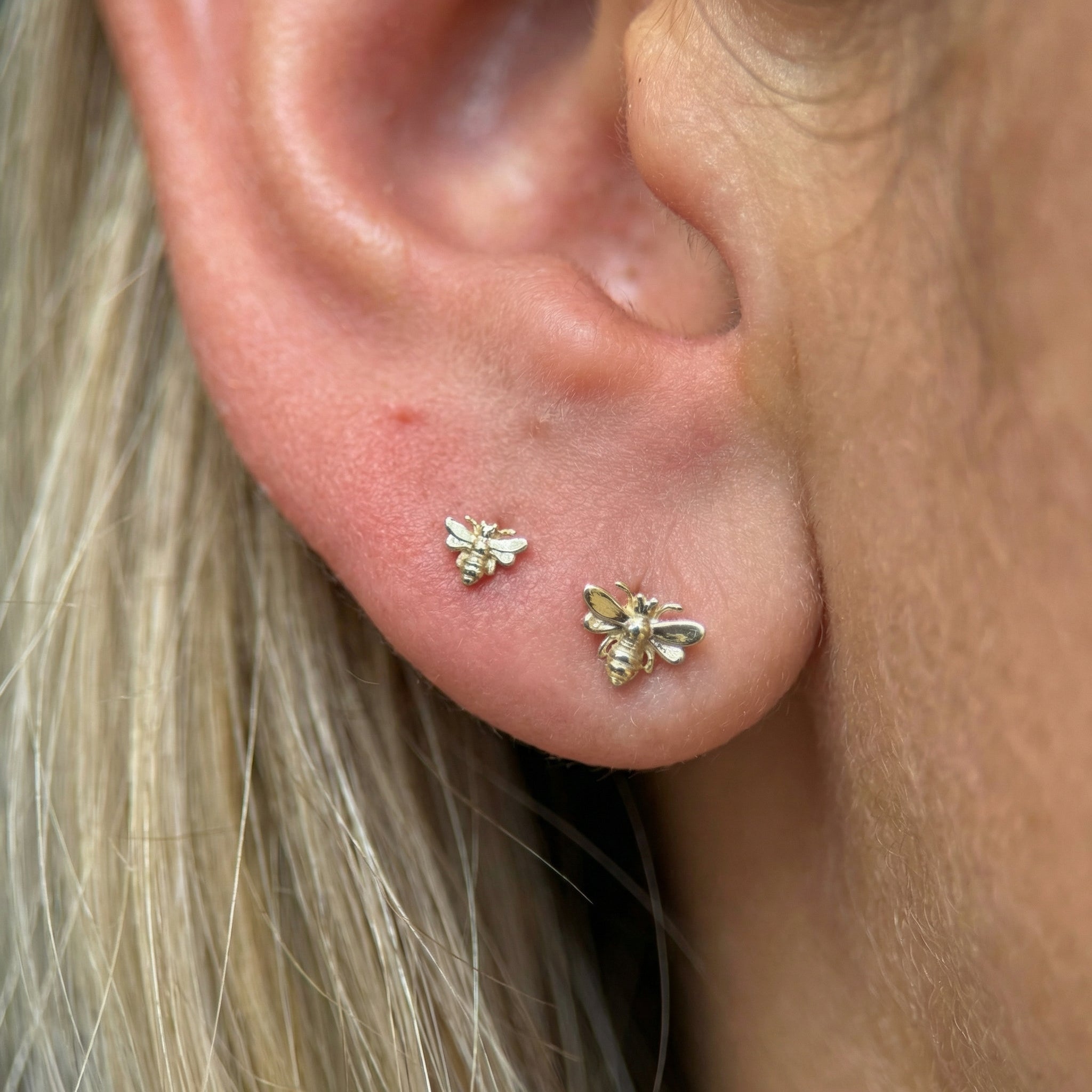 Minimalist Bee Flat Back Stud Earrings in Solid 14k Yellow Gold