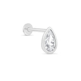 a pair of white gold earrings with a pear shaped diamond