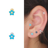 a pair of ear piercings with blue flowers