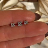 Beaded Four Petal Flower Diamond Flat Back Stud in Solid 14k White Gold