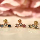 Triple Gemstone Milgrain Flat Back Stud in Solid 14k Yellow Gold