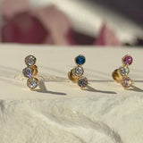 Triple Gemstone Milgrain Flat Back Stud in Solid 14k Yellow Gold