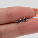 Round Blue Topaz Flat Back Stud Earrings Bezel Set in Solid 14k Yellow Gold