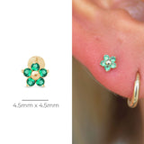 Emerald Flower Flat Back Stud in Solid 14k Yellow Gold
