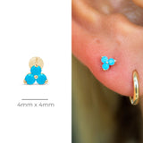 Turquoise Trinity Cluster Flat Back Stud  in Solid 14k Yellow Gold