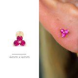 Pink Ruby Trinity Cluster Flat Back Stud in Solid 14k Yellow Gold