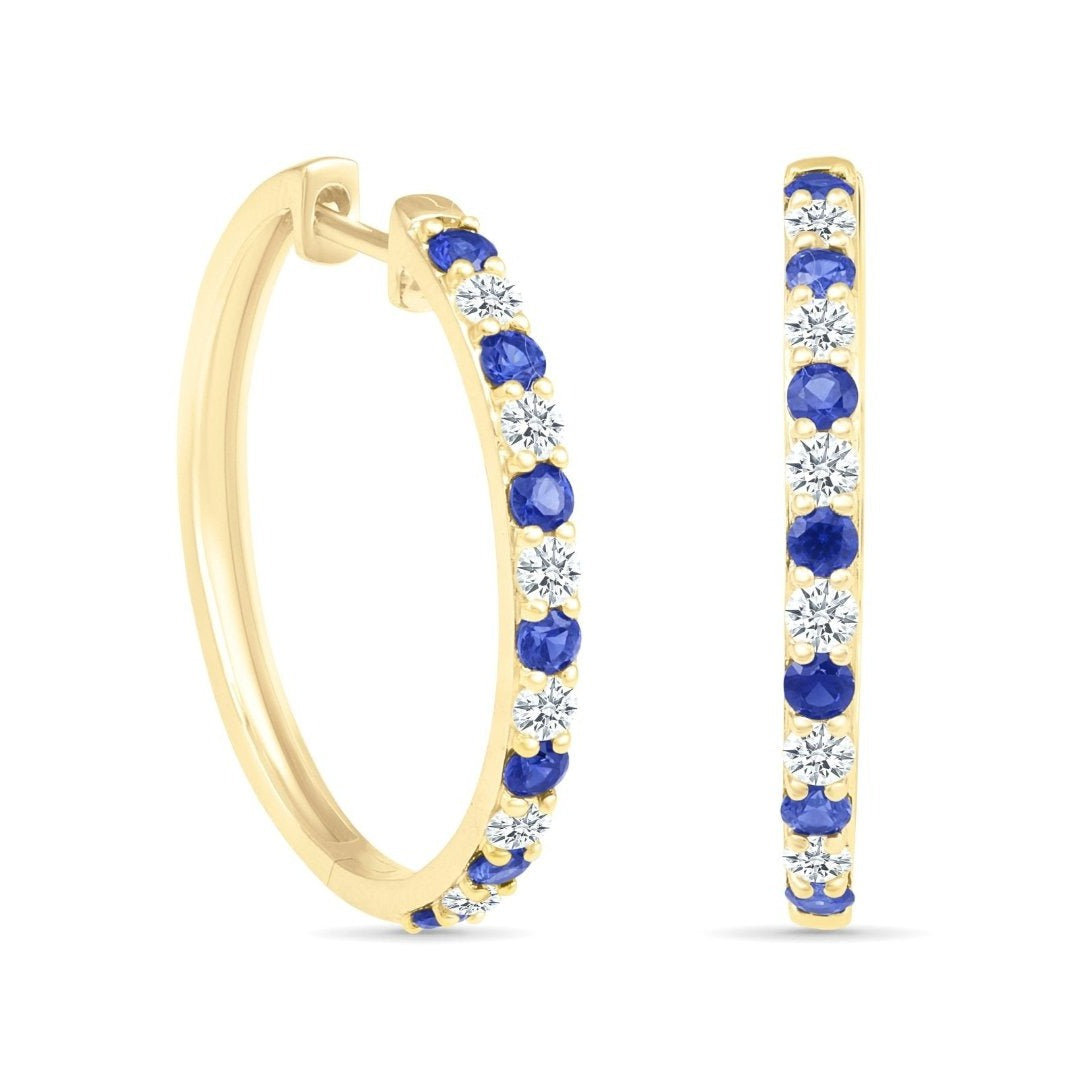 Alternating Blue and White Sapphire Hoop Earrings in Solid 10k Yellow Gold