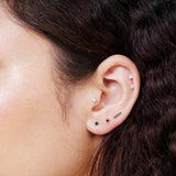 an ear styled with cubic zirconia studs and dark blue studs