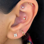 Beaded Diamond Four Petal Flower Flat Back Stud Earrings in Solid 14k Yellow Gold