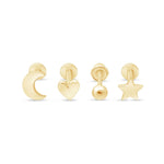 four different gold stud earrings, including a moon, heart, ball, and star.