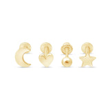 four different gold stud earrings, including a moon, heart, ball, and star.