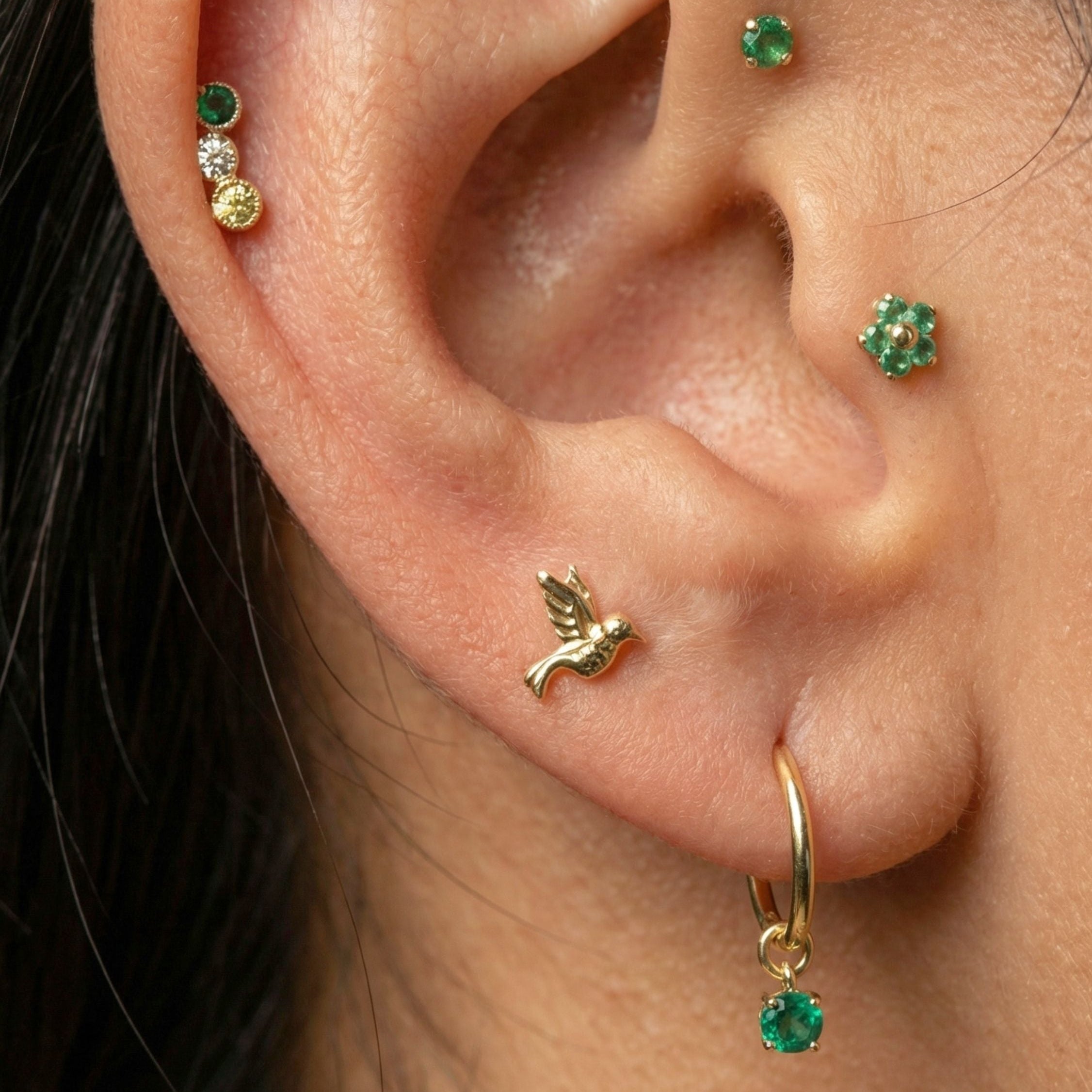Yellow Gold Hummingbird Threaded Flat Back Earring