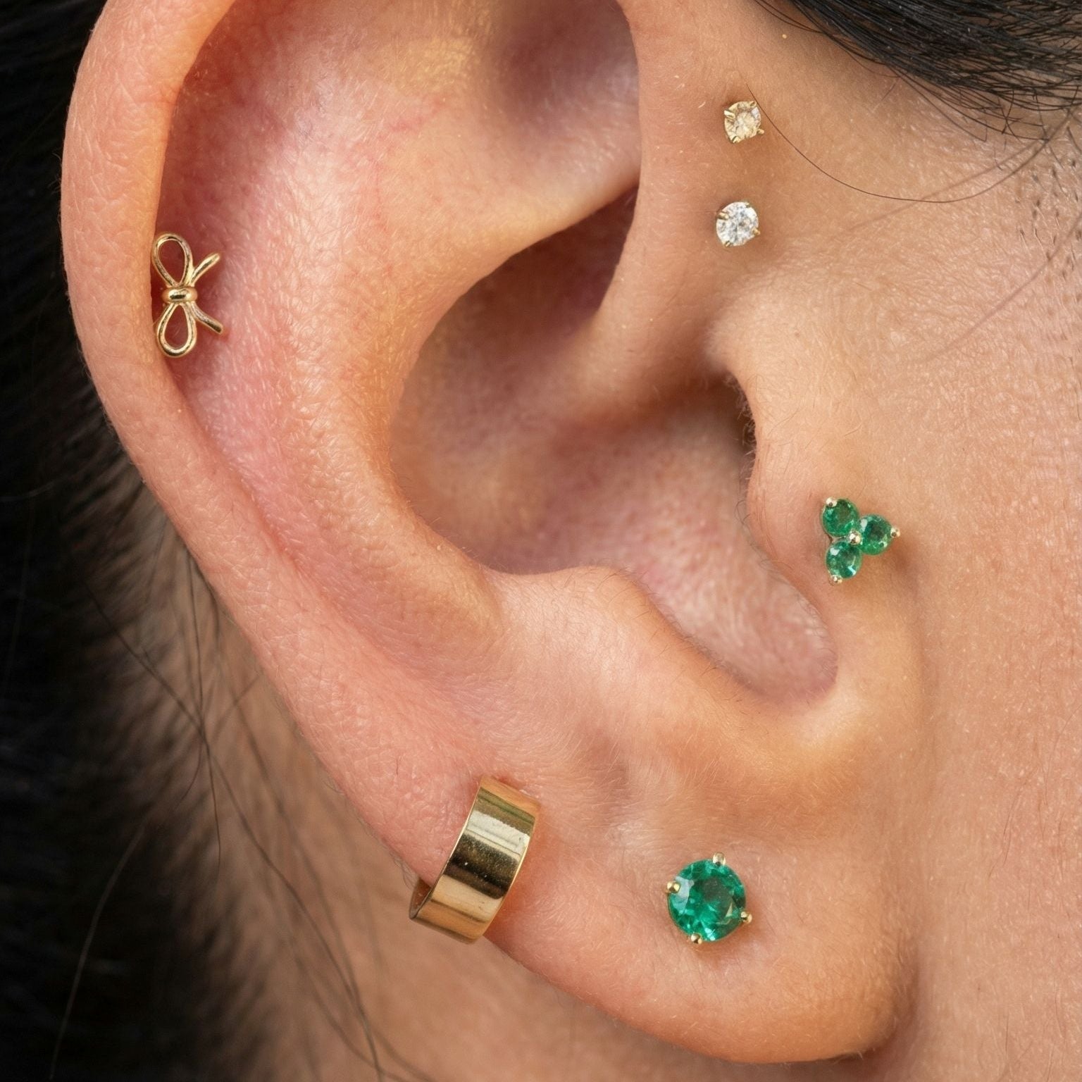 Yellow Gold Emerald Trinity Cluster Flat Back Earring