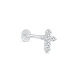 Diamond Pavé Studded Cross Flat Back Stud in Solid 14k White Gold