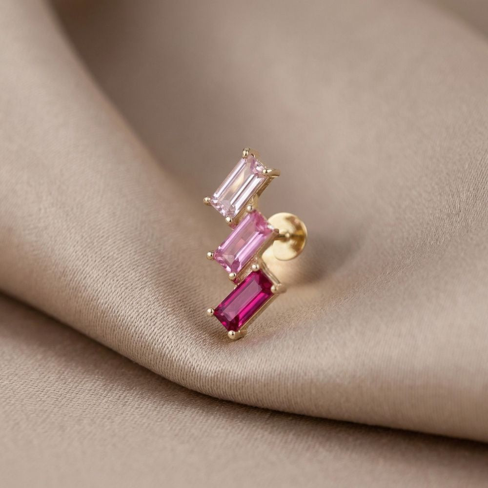 Yellow Gold Pink Baguette Crawler Flat Back Stud