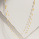 Beaded And Cuban Double Layer Chain Necklace in Solid 14k Yellow Gold