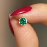 Round Emerald Flat Back Stud Bezel Set in Solid 14k White Gold