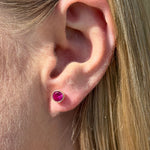 Round Pink Ruby Flat Back Stud Earrings Bezel Set in Solid 14k Yellow Gold