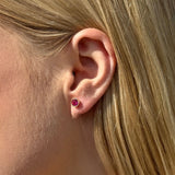 Round Pink Ruby Flat Back Stud Earrings Bezel Set in Solid 14k Yellow Gold