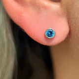 Yellow Gold Round Blue Topaz Bezel Flat Back Earring